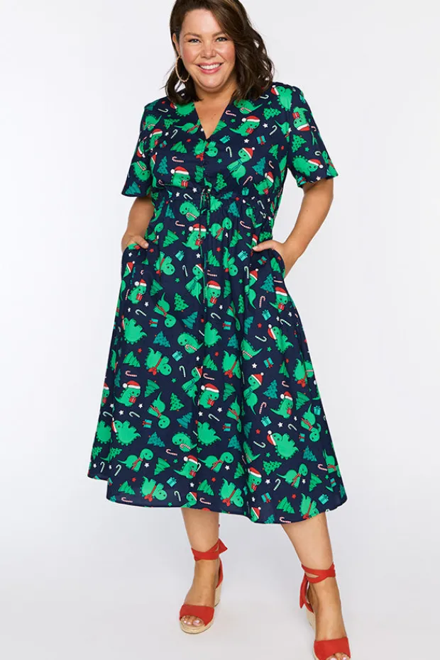 Lorraine Designs Casual Dresses | Fit & Flare Dresses*Marley Cotton Dino Christmas Dress