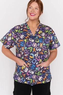YD International Tops*Meredith Alpha Animals Scrub Top