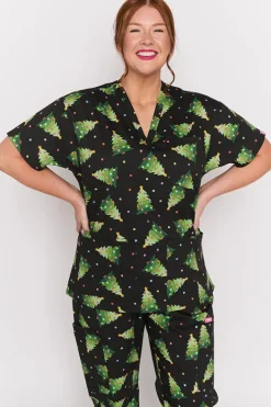 YD International Tops*Meredith Christmas Tree Scrub Top