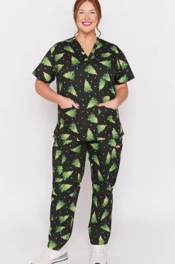 YD International Tops*Meredith Christmas Tree Scrub Top