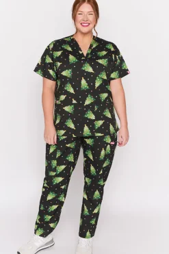 YD International Tops*Meredith Christmas Tree Scrub Top