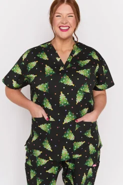 YD International Tops*Meredith Christmas Tree Scrub Top