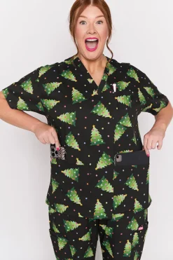 YD International Tops*Meredith Christmas Tree Scrub Top