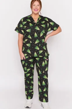 YD International Tops*Meredith Christmas Tree Scrub Top