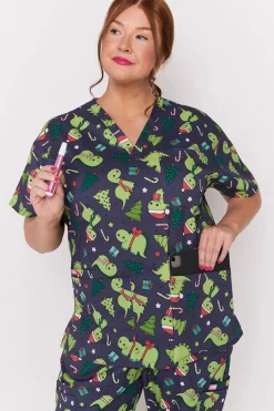 YD International Tops*Meredith Dino Christmas Scrub Top