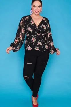 Lorraine Designs Tops*Rhapsody Black Floral Wrap Top
